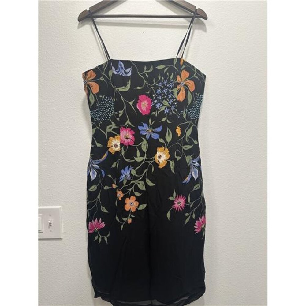 Adrianna Papell Evening 100% Silk Black Floral Strapless Dress Size 6 Bust 36”